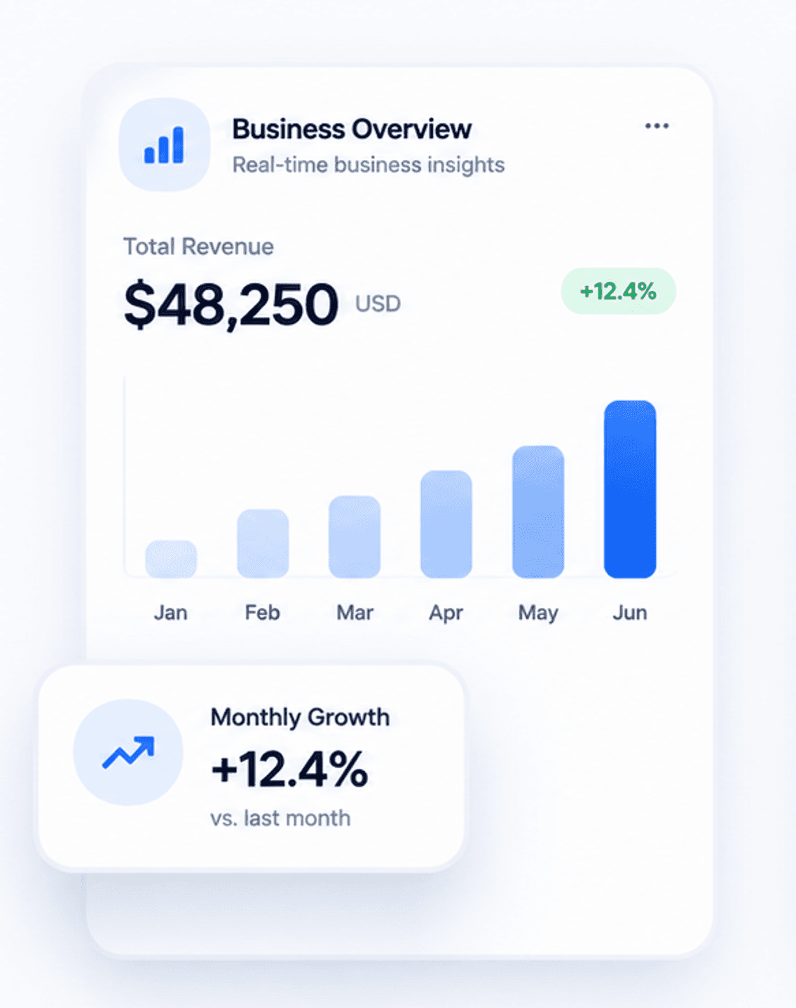 Business Overview dashboard showing total revenue and monthly growth